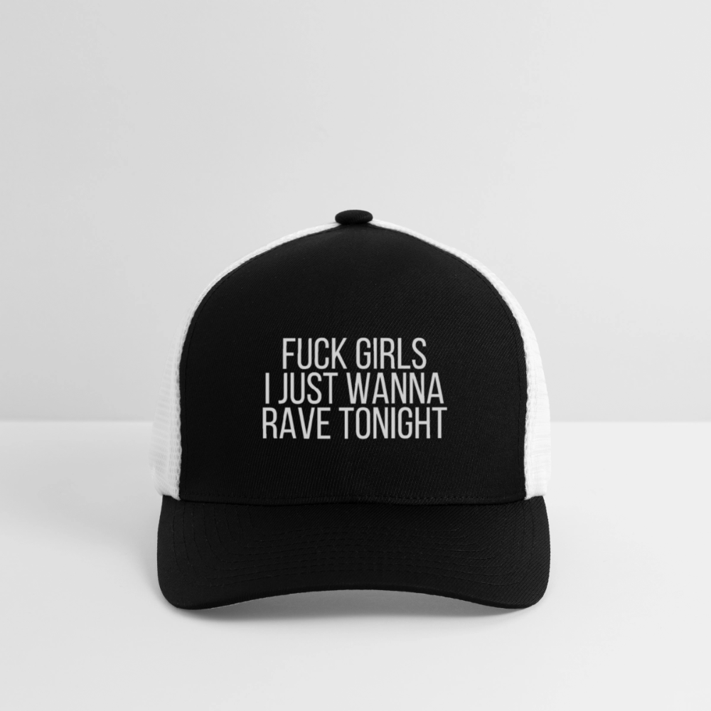 Fuck Girls, I Just Wanna Rave Tonight - Flexfit Fitted Baseball Cap - black/white, Black Flexfit baseball cap with bold white âF*ck Girls I Just Wanna Rave Tonightâ text on the front, shown on a clean background
