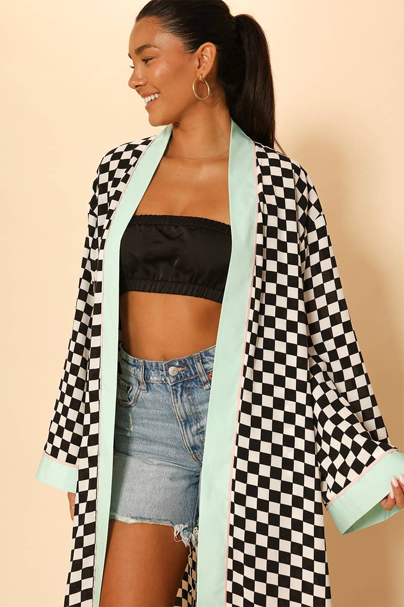 Checkered kimono: Black white / M