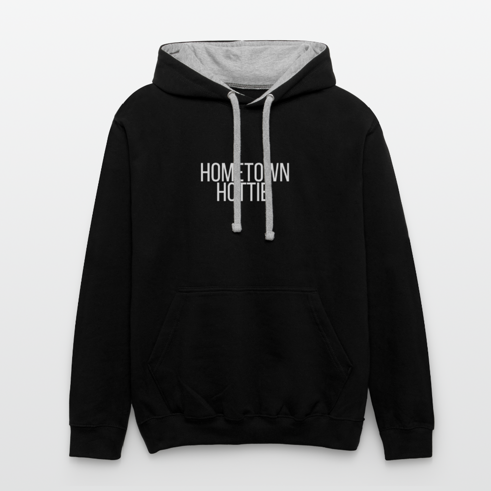 Hometown Hottie Contrast Hoodie - black/heather gray, Two-tone contrast hoodie with ‘Hometown Hottie’ graphic text on the front, shown on a clean product background
