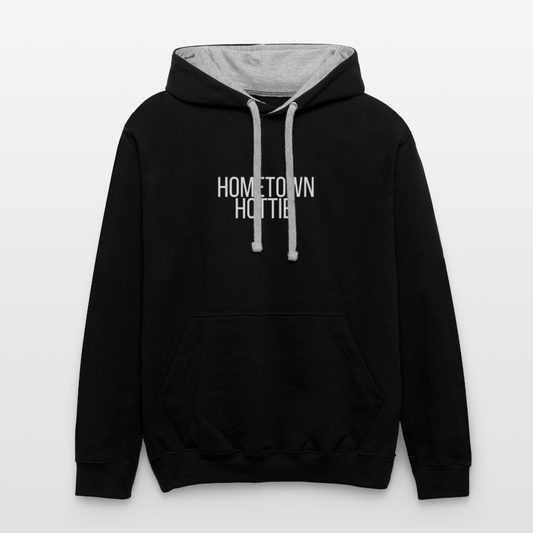 Hometown Hottie Contrast Hoodie - black/heather gray, Two-tone contrast hoodie with ‘Hometown Hottie’ graphic text on the front, shown on a clean product background