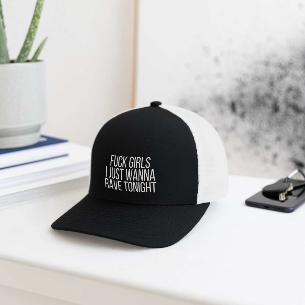 Fuck Girls, I Just Wanna Rave Tonight - Flexfit Fitted Baseball Cap - black/white, Black Flexfit baseball cap with bold white ‘F*ck Girls I Just Wanna Rave Tonight’ text on the front, shown on a clean background