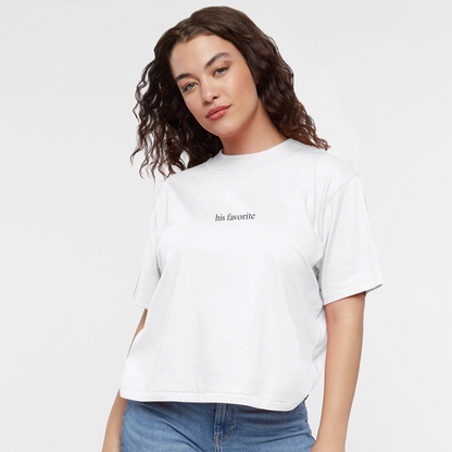 His Favorite Women's Boxy Tee - white, Women’s boxy tee with bold ‘His Favorite’ text across the front, displayed on a clean product background, DJ tee, boyfriend tee, DJ's girlfriend, owned, kink tee, couples tee