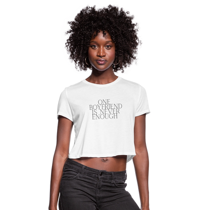 One Boyfriend Is Never Enough Cropped T-Shirt - white, One Boyfriend Is Never Enough Cropped T-Shirt - white, White cropped tee with minimalist black text that reads “One Boyfriend Is Never Enough,” worn by a confident woman with a sassy attitude. adult humor tees, lifestyle, alternate lifestyles, red head tees, lgbtq tees, pride tees