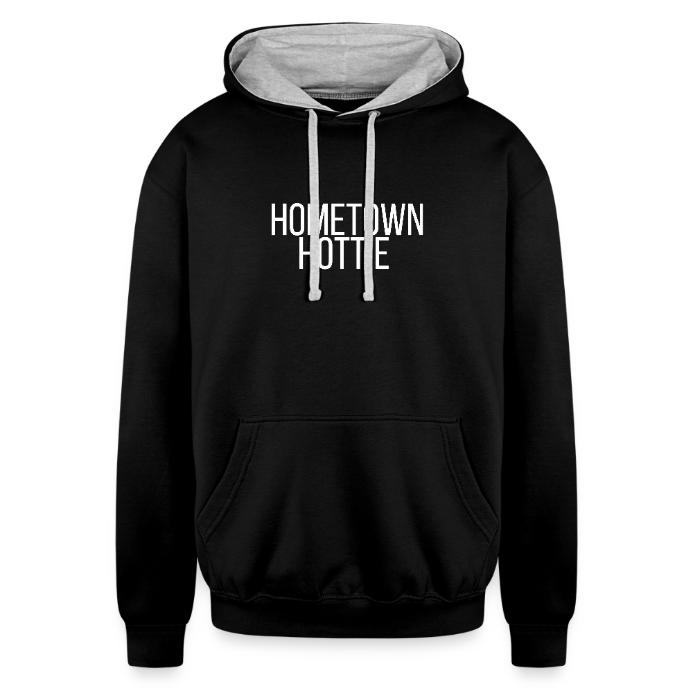 Hometown Hottie Contrast Hoodie - black/heather gray, Two-tone contrast hoodie with ‘Hometown Hottie’ graphic text on the front, shown on a clean product background