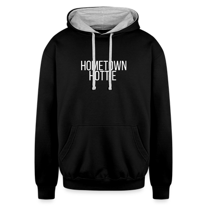 Hometown Hottie Contrast Hoodie - black/heather gray, Two-tone contrast hoodie with ‘Hometown Hottie’ graphic text on the front, shown on a clean product background