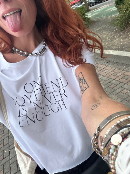 One Boyfriend Is Never Enough Cropped T-Shirt - white, White cropped tee with minimalist black text that reads “One Boyfriend Is Never Enough,” worn by a confident woman with a sassy attitude. adult humor tees, lifestyle, alternate lifestyles, red head tees, lgbtq tees, pride tees, One Boyfriend Is Never Enough Cropped T-Shirt - white, White cropped tee with minimalist black text that reads “One Boyfriend Is Never Enough,” worn by a confident woman with a sassy attitude. adult humor tees, lifestyle, alterna